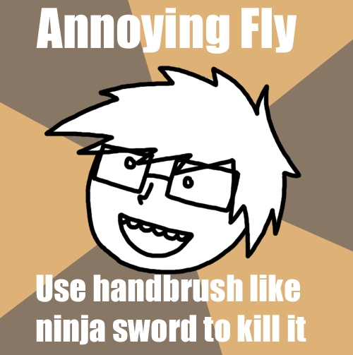annoying fly - use handbrush like ninja sword to kill it